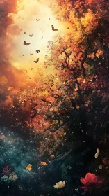 Twilight blossoms merging with cosmic night and butterflies.