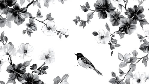 Solitary bird perches amid monochromatic floral arrangements in botanical composition.