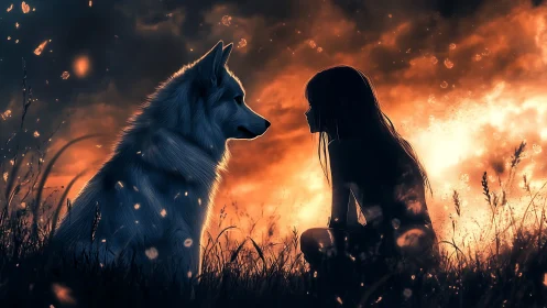 Girl and wolf share a silent bond in glowing sunset field.
