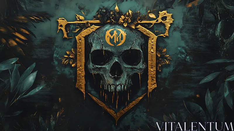 Gilded jungle skull crest glowing in deep teal shadows.