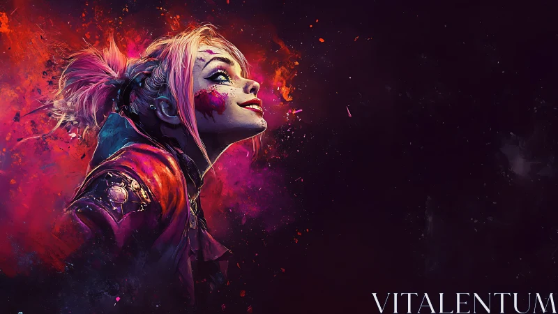 Rebellious neon punk girl smiles into exploding cosmic color