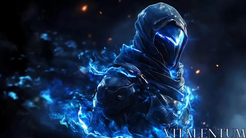 Hooded cyber warrior radiates blue plasma in dark void