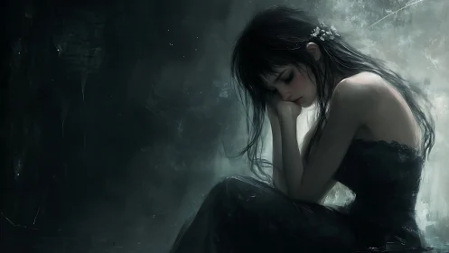 Melancholic seated figure in chiaroscuro digital painting.