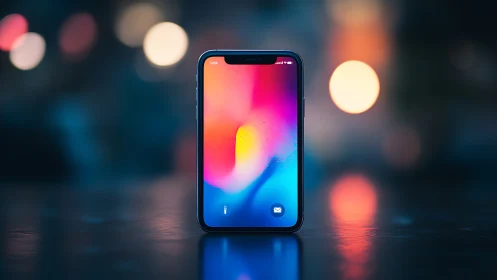Modern smartphone displays vibrant gradient wallpaper in urban setting.