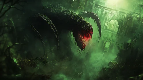 Vast vine monster stalks misty ruins with burning red maw