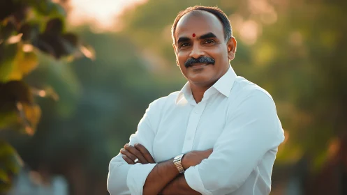 Confident middle-aged man smiles in warm outdoor light.