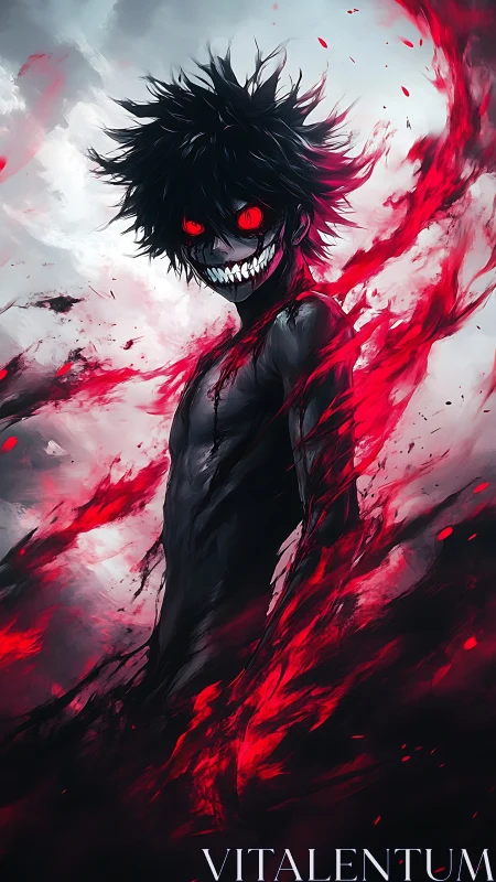 Demonic anime figure with red energy trails and high-contrast lighting