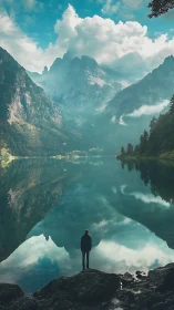 Solitary figure watches mirrored alpine peaks in tranquil dawn
