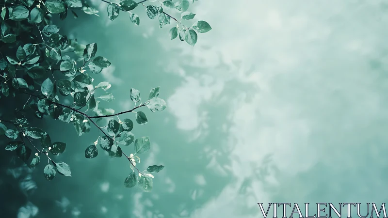 Dewy green leaves branch with soft light, tranquil nature scene.