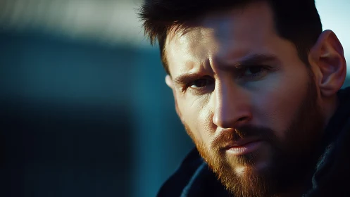 Close frontal portrait of bearded man in directional light.