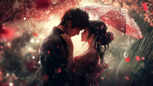 Couple Sheltering Under Red Umbrella in Heavy Rain.