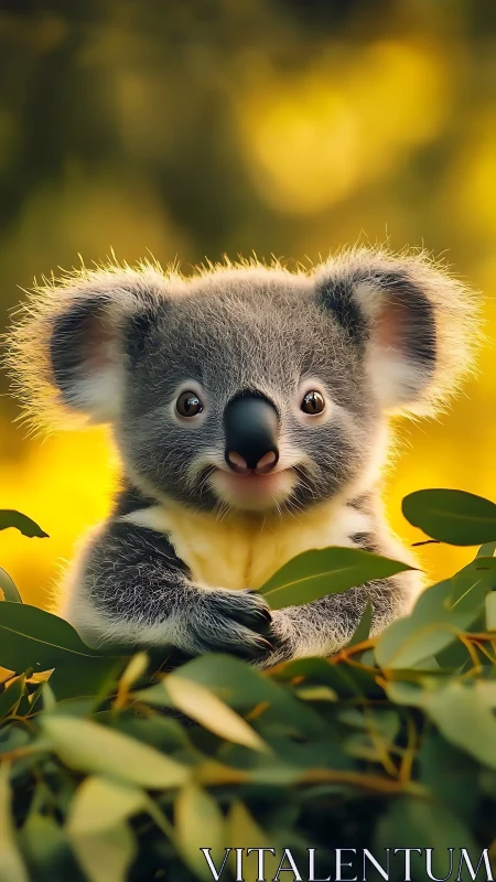 Photorealistic koala portrait in warm bokeh environment.