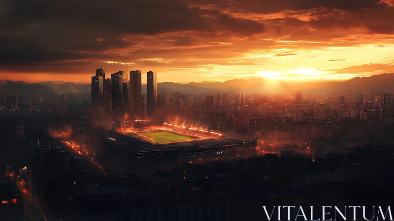 Sunlit city stadium glowing gently under a fiery sunset.