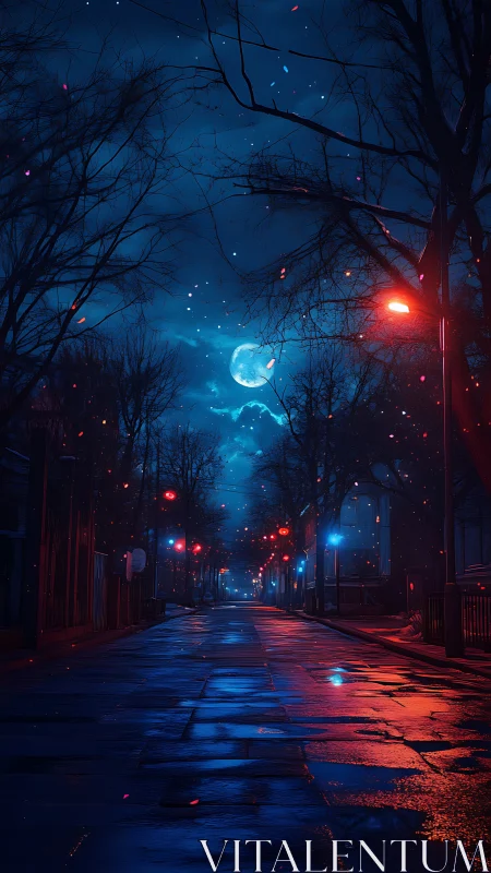 Midnight rain street dreaming under neon moonscape hush.