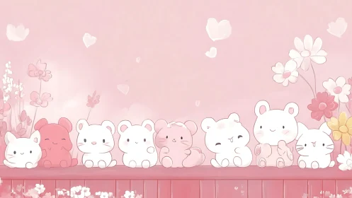 Kawaii pastel animals aligned on pink floral bench scene.