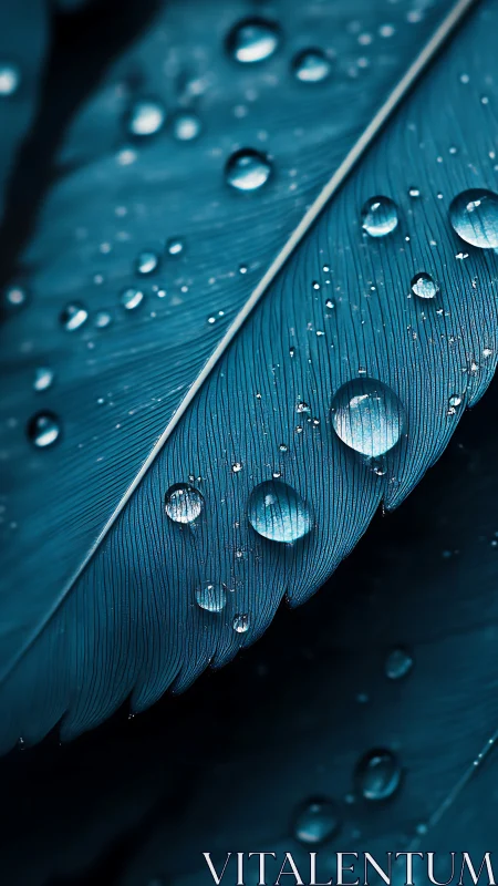Macro study of teal bird feather with refractive water droplets