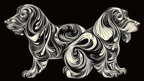 Floral linework dogs mirror each other in flowing symmetry.