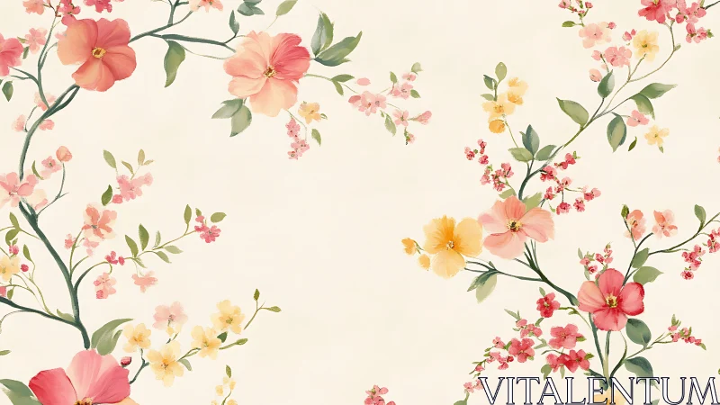 Soft watercolor floral branches on warm cream ground.