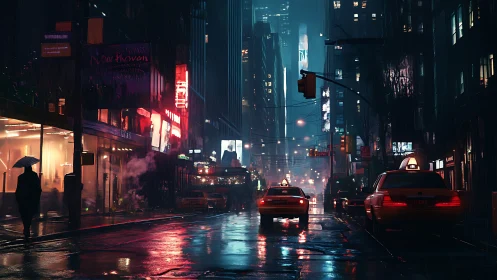 Rain soaked neon avenue pulses with late night taxi traffic