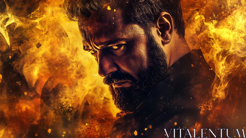 Male profile portrait is integrated into dense fiery textures