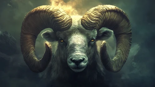 Majestic horned ram gazing calmly through misty mountain light.