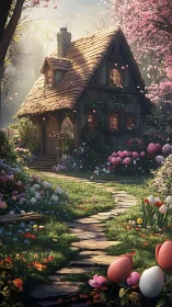 Pathway leads to a stone cottage amid dense spring foliage