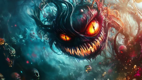 Grotesque floating head dominates chaotic, skull-filled scene