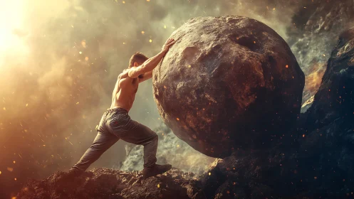 Mythic figure pushing colossal boulder through firelit haze.