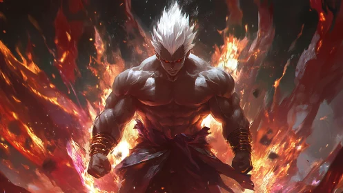 Flaming silver‑haired warrior emerges amid explosive inferno
