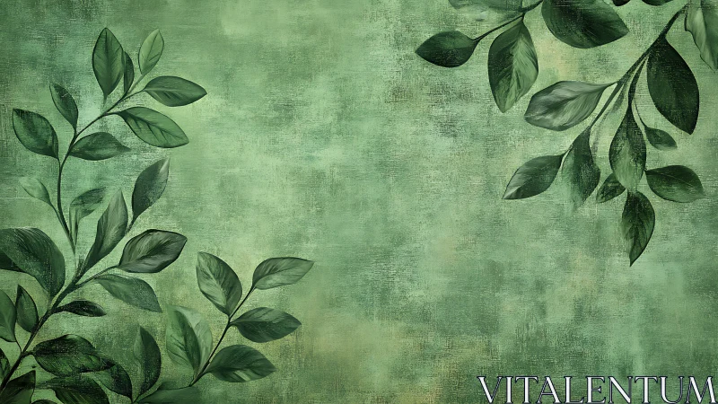 Green leafy branches frame a softly textured rustic background