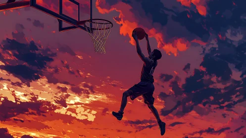 Basketball player dunks against vivid red and blue sunset sky