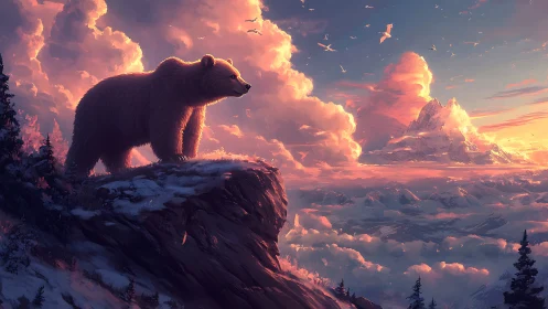 Majestic bear surveying glowing mountains at sunset clouds.