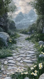 Stone path traverses vegetated valley toward distant peaks