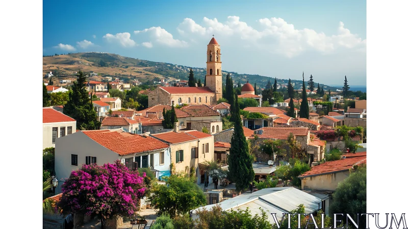 Sunlit hillside village with terracotta roofs and tall bell tower.