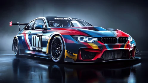 Widebody GT race car in studio lighting with art livery