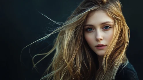 Portrait of young woman with windblown hair against dark field.