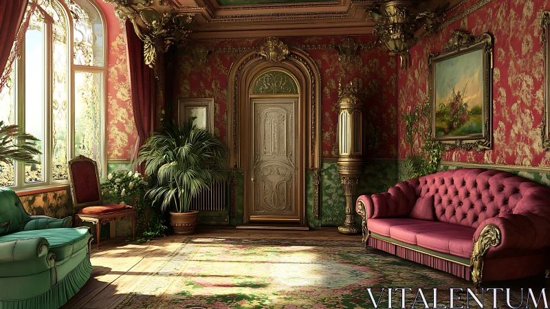 Opulent rococo salon with gilded moldings and velvet seating.