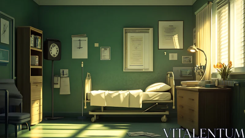 Sunlit hospital refuge where quiet sheets guard soft secrets.