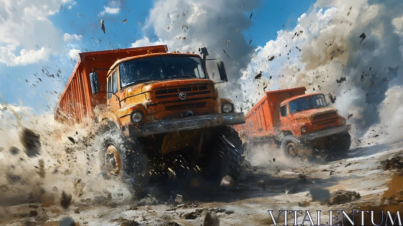 Heavy-duty dump trucks in high-energy off-road surge motion.
