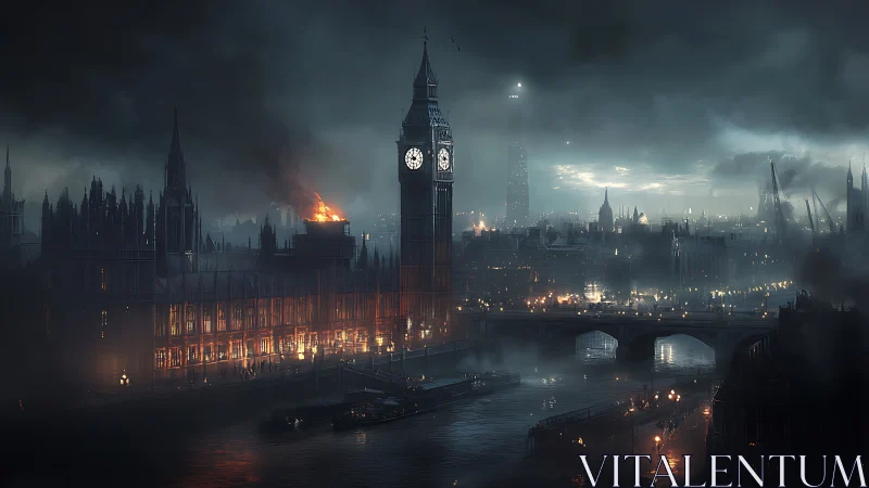 Digital night view shows London riverside with localized fire