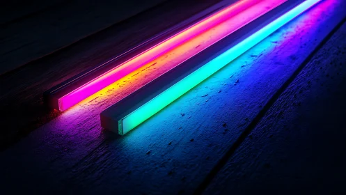 RGB LED light bars casting multicolor gradients on dark wood.