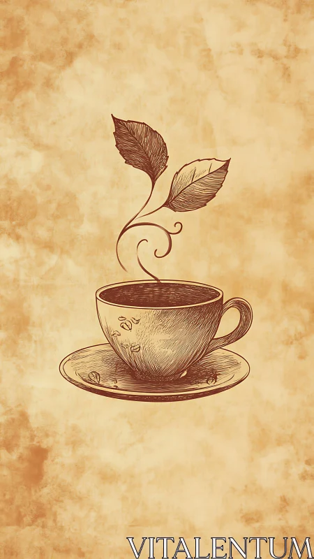 Vintage ink illustration of teacup with botanical steam motif.