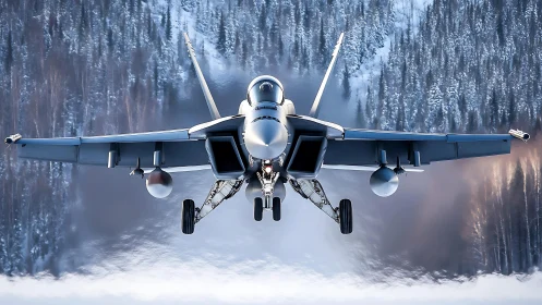 Front view of fighter jet over snowy forest valley.