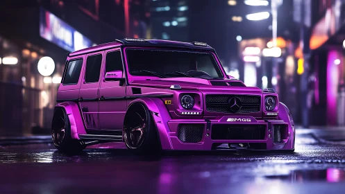 Neon-luminant AMG G‑class widebody in reflective nightscape.