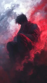 Dark figure emerges from crimson smoke in brooding silence.