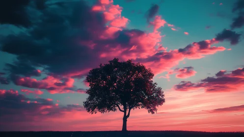 Lone Tree Silhouette Against Vibrant Pink and Blue Sunset Sky.