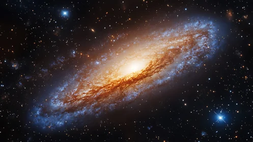 Gentle spiral galaxy glowing with soft golden starlight.