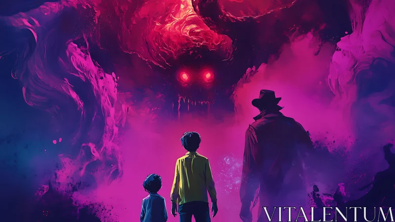 Three figures confront luminous red-eyed vortex demon amid neon mist