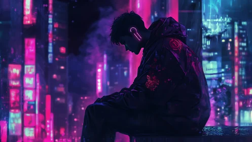 Neon-lit loner sits wired in a futuristic cyber cityscape.