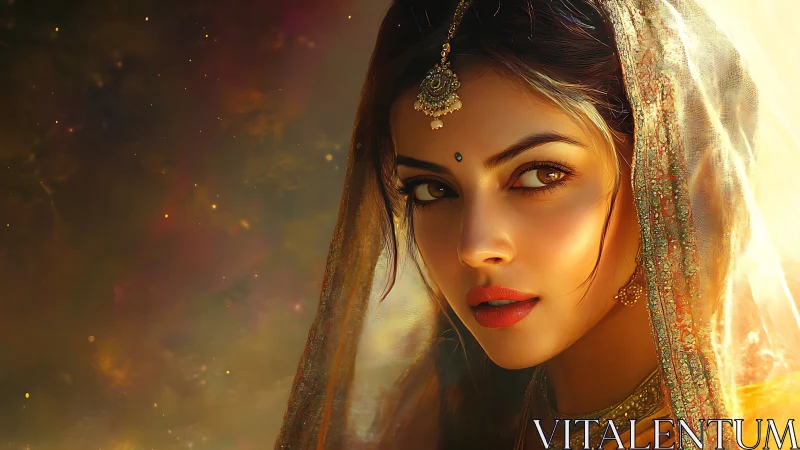 Digital portrait of veiled woman under warm cinematic backlight